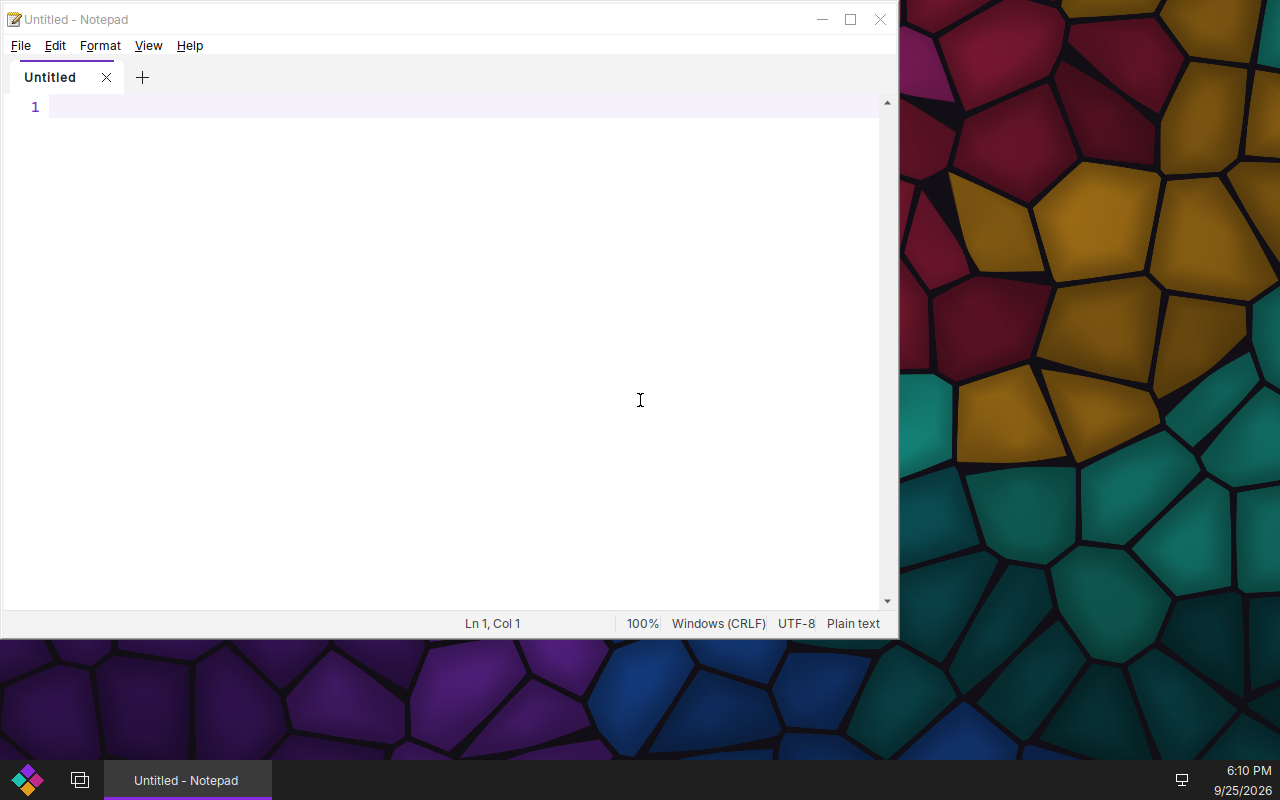 The Stained Glass OS desktop, with Notepad open